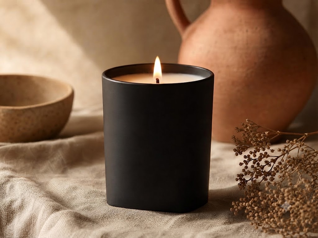 Lit hand-poured soy candle in a matt black glass vessel beside a terracotta jug and dried flowers